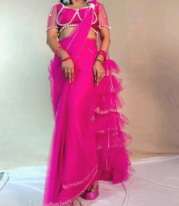 Long Trail Fashion Designer Hot Pink Saree