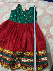 red and sea green short frock