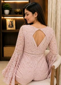 Pink Lace Bell Sleeve Romper