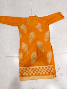 Orange Kurta with Peacock Feather Print