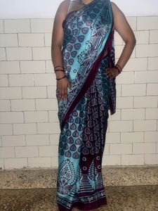 Crepe Teal &amp; Maroon Saree