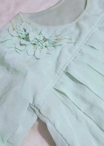 Sage Green Smocked Waist Top with Floral Applique