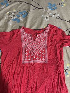 Ajio Red Embroidered Kurta