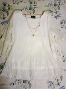 White Pleated Tunic with Layered Necklace