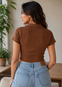Brown Ribbed Cropped Polo Top