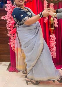Elegant Grey Saree with Embellished stitched Blous