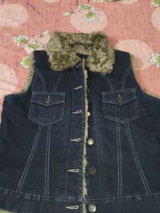 Denim Vest with Fur Trim