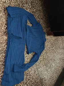 Blue Textured Cropped Turtleneck Top
