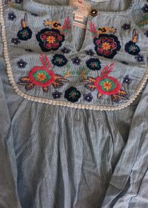 Embroidered Blue Cotton Kurta