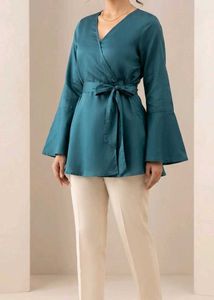 Teal Wrap Top with Bell Sleeves