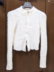 White Fuzzy Zip-Up Sweater