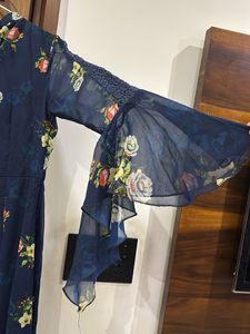 Elegant Navy Blue Floral Maxi Dress with Bell Slee