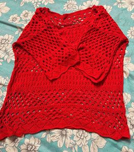 Red Crochet Knit Sweater Top