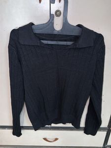 Black Ribbed Knit Collared Sweater