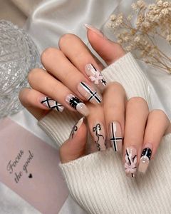 Black &nude floral press on nails