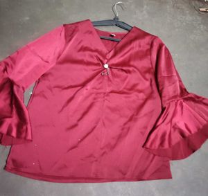 Satin Flare Sleeve V-Neck Top