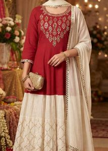 Red &amp; White Flared Kurti with Embroidery Work