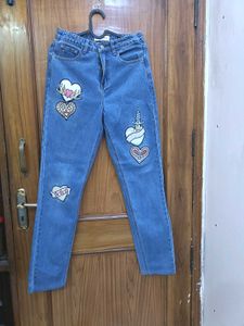 Embroidered Heart Patch Jeans