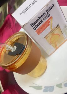 New Bamboo Joint Glass Cup with Lid & Straw