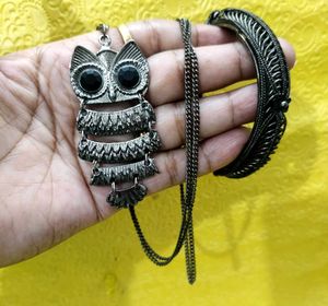🦉Owl Pendant Necklace and Bangle Set, Vintage Loo