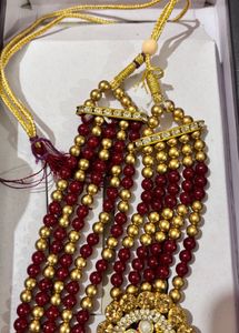 Exquisite Maroon &amp; Gold Beaded Necklace Set