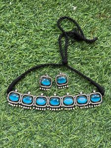 Blue Stone Choker Necklace Set