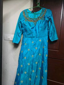 Turquoise - Teal Silk Embellished Gown | Size L |
