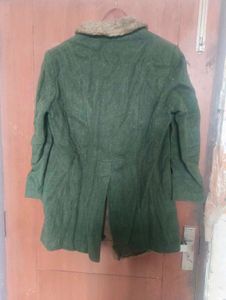 Women's Green Wool Fur Collar Coat (Size-L)