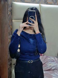 ​Elegant Navy Blue Off-The-Shoulder Ruched Top
