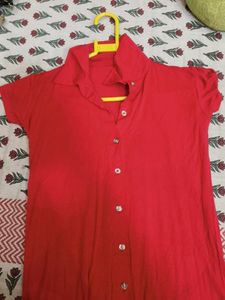 Vibrant Red Collared Button-Up Top
