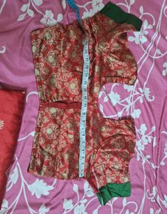 Red Brocade Blouse with Green Accents
