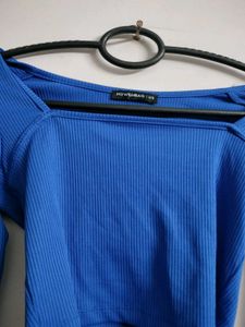 Blue Square Neck Long Sleeve Cropped Top