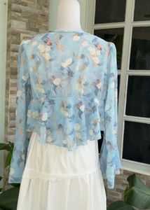 Blue Floral Tie-Front Blouse with white skirt