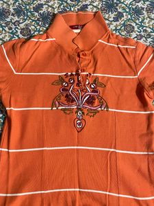 Orange Striped Embroidered Polo Shirt