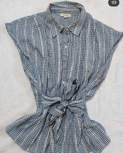 Blue Gingham Tie-Waist Tunic Top