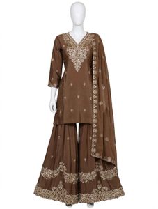 Elegant Brown Embroidered Kurta Set with Sharara