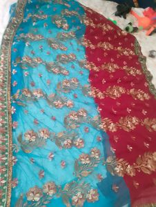 Red And Cyan Dubbul Shed New Saree With