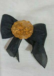 Black Ribbon Hair Bow with Gold Flakes