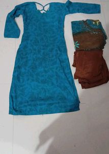 Embellished Teal Kurta with Brown Salwar and Dupat