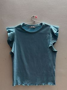 Zara Blue Ribbed Ruffle Sleeve Top