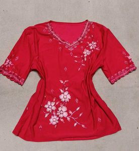 Red Floral Embroidered tshirt