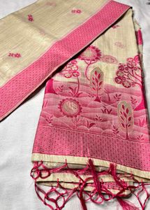 Elegant Cream & Pink Tussar Saree