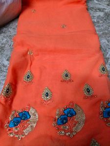 Elegant Orange Embroidered Saree