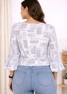 Newspaper Print Tie-Front Bell Sleeve Top