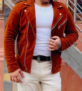 Men's Brown Velvet Biker Jacket