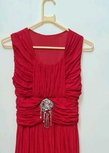 Elegant Red Ruched Dress with Embellishment