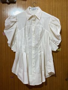 White Puff Sleeve Collared Shirt