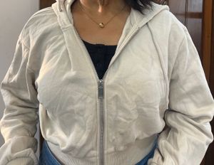 Cream Cropped Zip-Up Hoodie