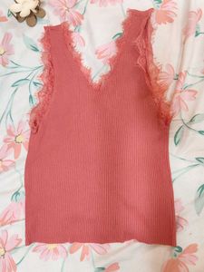 Pink Lace Trim Button-Up Ribbed Top