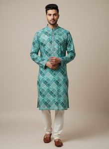 Men's Teal Geometric Print Kurta